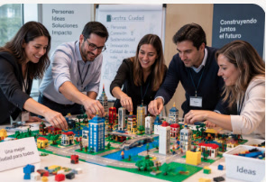 Equipo construyendo una ciudad con bloques de colores durante una dinámica de gamificación
