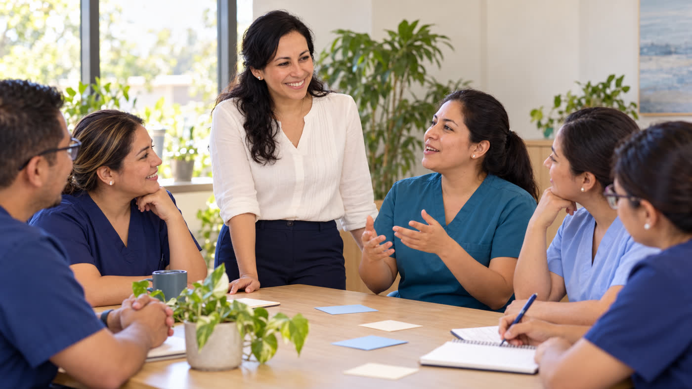 Facilitadora de pie junto a un equipo de salud sentado a la mesa, conversando y sonriendo