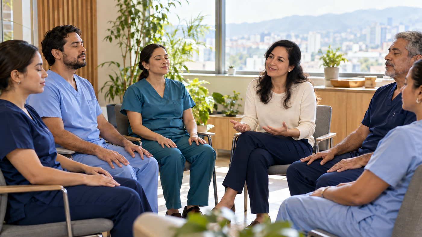 Equipo de salud sentado en círculo con los ojos cerrados durante un ejercicio guiado de autorregulación, junto a la facilitadora