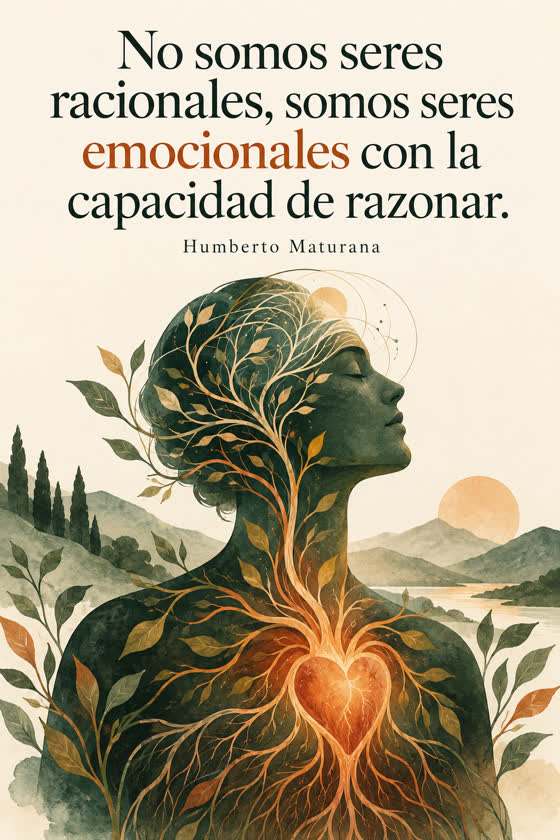 Ilustración en acuarela de una figura humana con un árbol que nace del corazón, junto a la frase de Humberto Maturana: “No somos seres racionales, somos seres emocionales con la capacidad de razonar.”